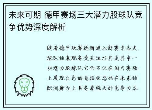 未来可期 德甲赛场三大潜力股球队竞争优势深度解析