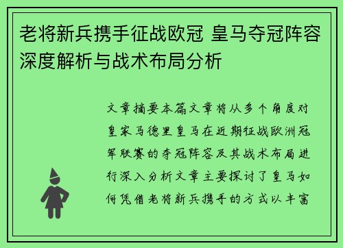 老将新兵携手征战欧冠 皇马夺冠阵容深度解析与战术布局分析