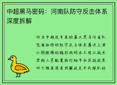 中超黑马密码：河南队防守反击体系深度拆解