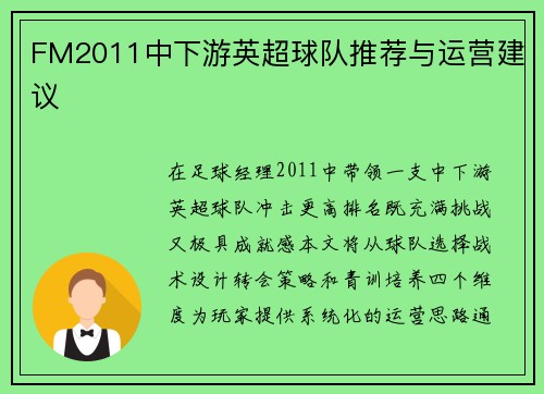 FM2011中下游英超球队推荐与运营建议