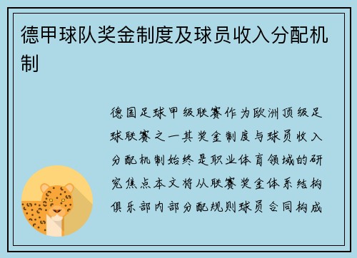 德甲球队奖金制度及球员收入分配机制