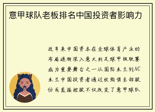 意甲球队老板排名中国投资者影响力