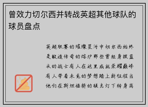 曾效力切尔西并转战英超其他球队的球员盘点
