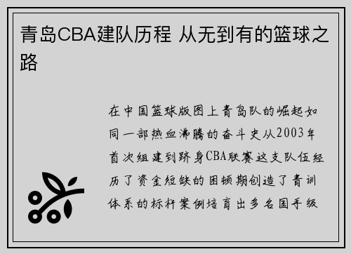 青岛CBA建队历程 从无到有的篮球之路